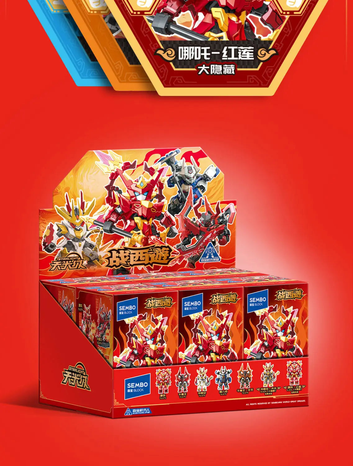 Exhibición de juguete tipo caja ciega de robot con bloques de construcción mecha con temática roja y dorada, que presenta personajes robóticos de la serie «战西游» de Sembo.