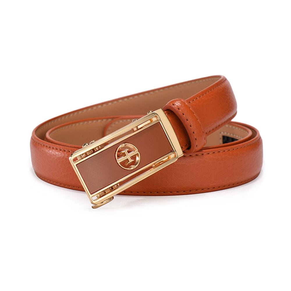 Ceinture à boucle automatique en cuir véritable camel pour femmes, avec boucle rectangulaire à logo en relief plaqué or.