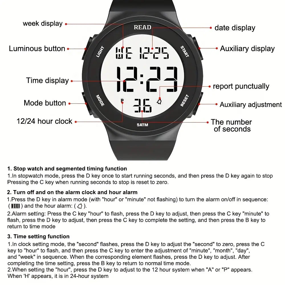 Black digital sports watch with white face displaying time and date in segmented led digits made of waterproof silicone designed for women.