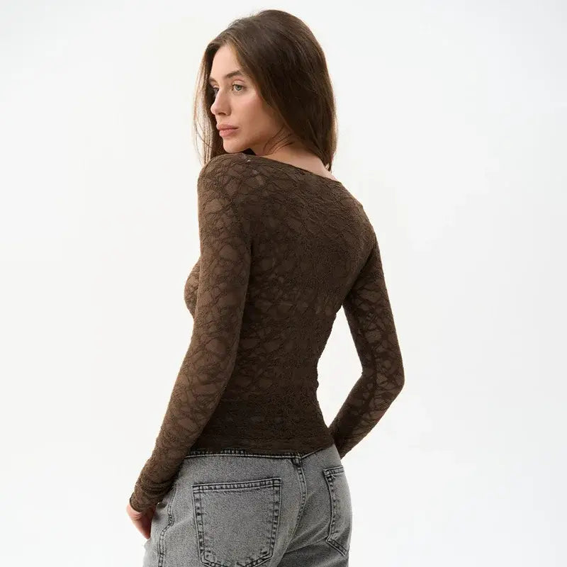 A brown lace long sleeve crop top with a fitted form-fitting design for women aesthetic clothes.