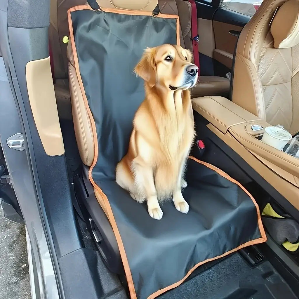 Black and tan waterproof dog car seat cover with reinforced edges in black and orange for enhanced durability and protection.