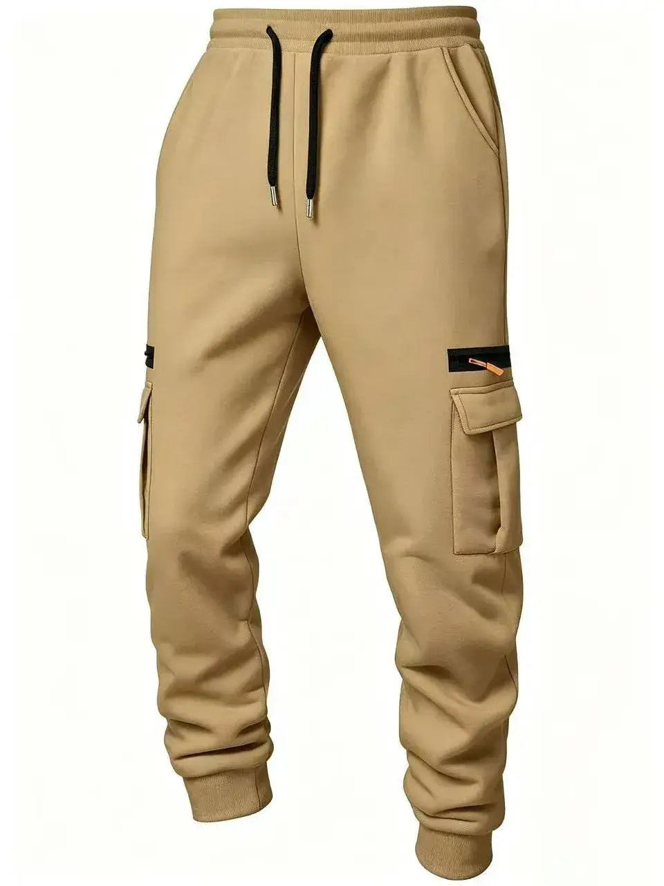 Joggers cargo beige pour hommes décontractés, amples, droits et bouffants d’hiver, avec des cordons de serrage noirs et des poches avec empiècements zippés.