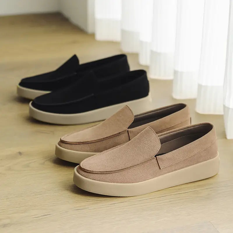 beige suede slip-on loafers with cream-colored rubber sole designed as men casual suede loafers slip on walking shoes.