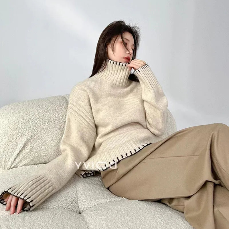100% Pure Wool Sweater Women's 2025 Autumn and Winter New High Neck Pullover Fashionable Loose Plus Size Warm Knit Top