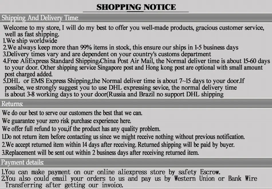 Shopping notice in black text on white background detailing shipping times and return policies for the Megir men luxury sports quartz watch.