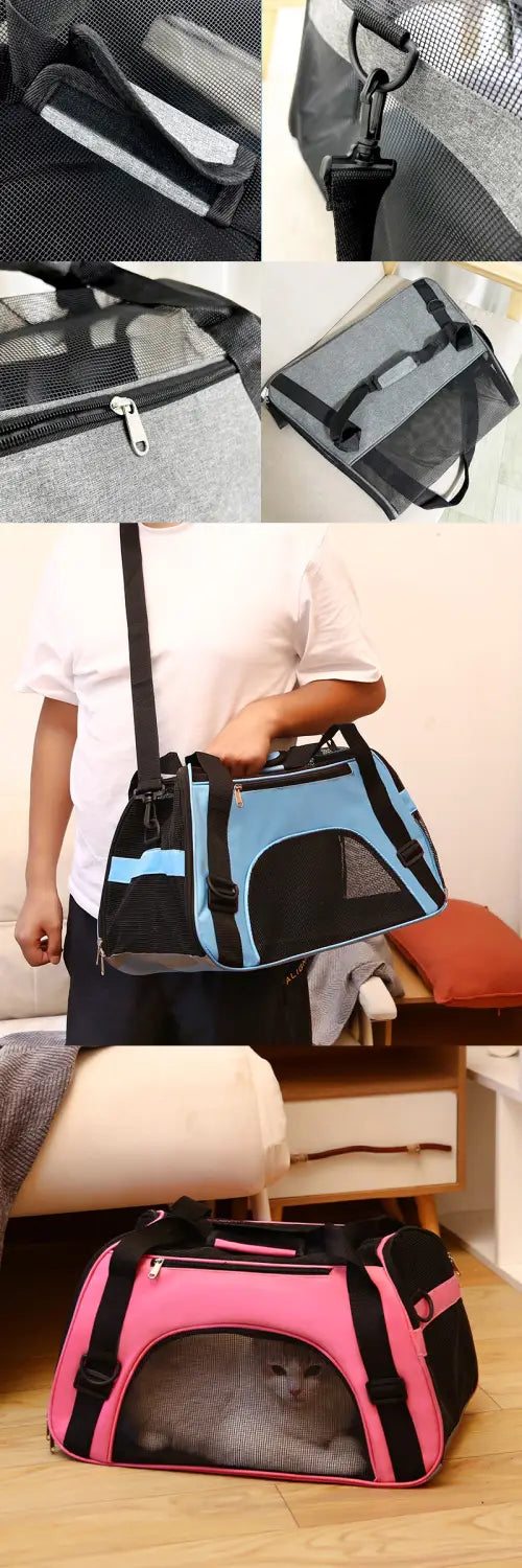 Bolsa de viaje para mascotas azul y negra para perros y gatos pequeños, con laterales de malla transpirable y un compartimento frontal con cremallera que proporcionan un espacio cómodo.