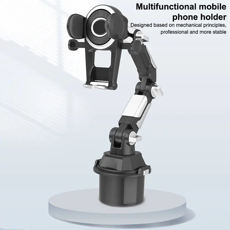 Schwarz-silberner multifunktionaler Handyhalter mit Gelenken für eine verstellbare Positionierung in einem Autohandyständer mit universellem Standfuß.