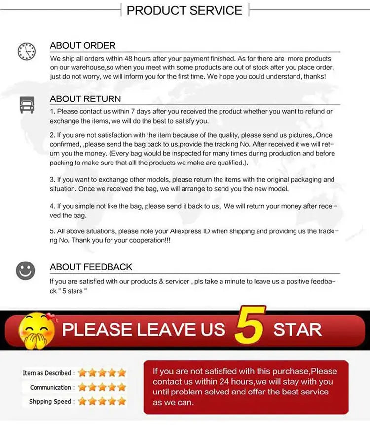Red banner with yellow text urging customers to leave a five star rating for the double breasted wool coat for women.
