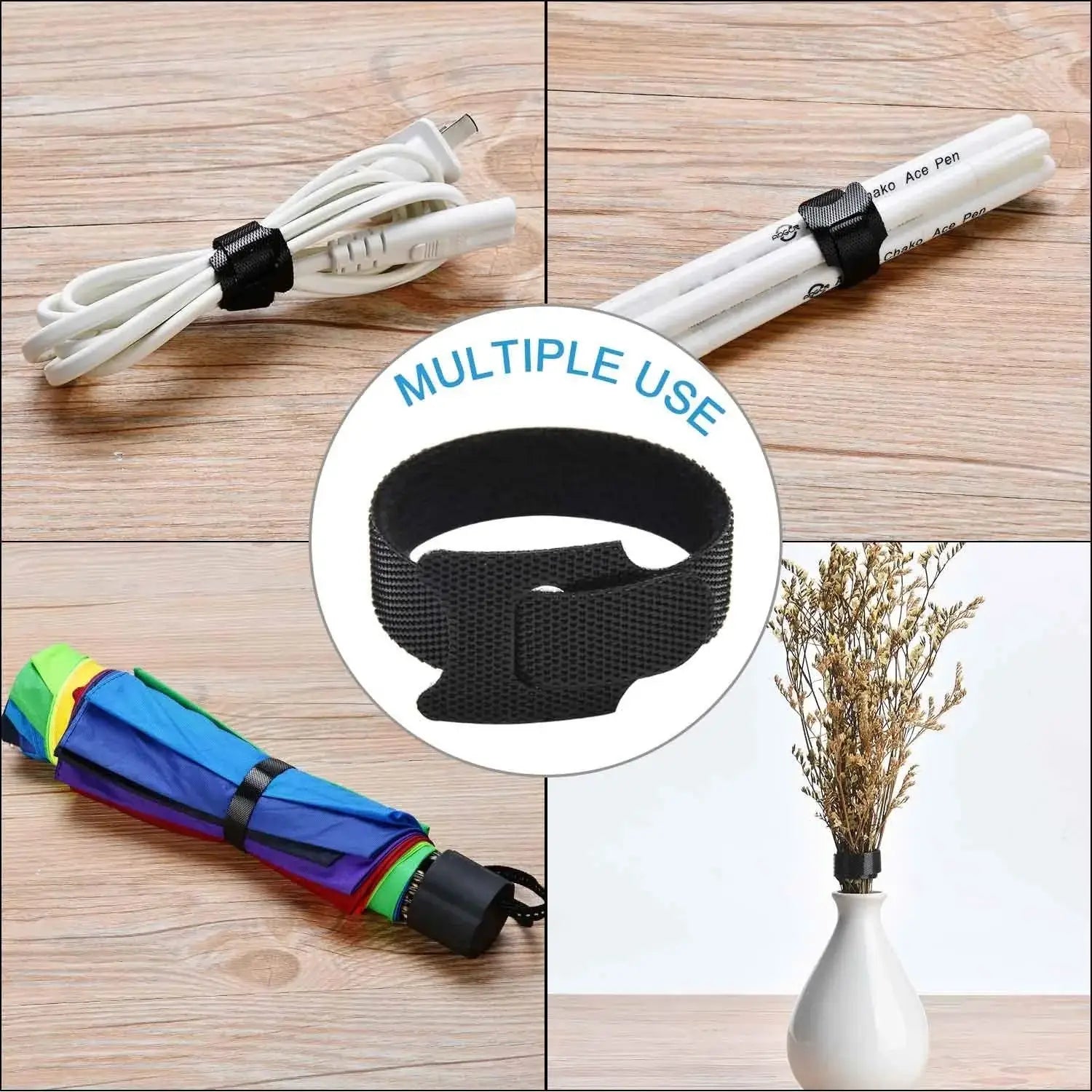 black cable organizer strap made of elastic with a hook-and-loop fastener designed for securing cables and managing wires