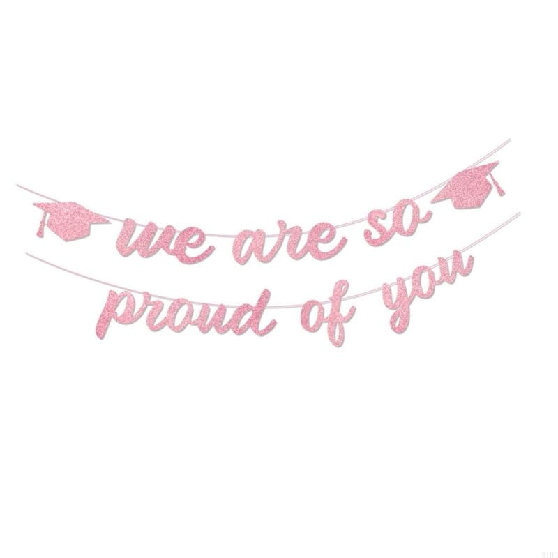 Pink glitter graduation proud of you banner with we are so proud of you text and mortarboard icons designed for celebratory decoration.