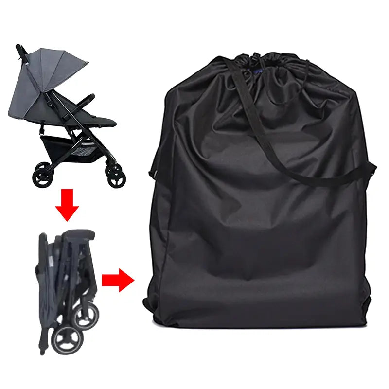 schwarze, wasserdichte Kinderwagen-Reisetasche-Rucksack aus robustem Material mit Kordelverschluss, ausgelegt zum Verstauen eines zusammengefalteten Kinderwagens