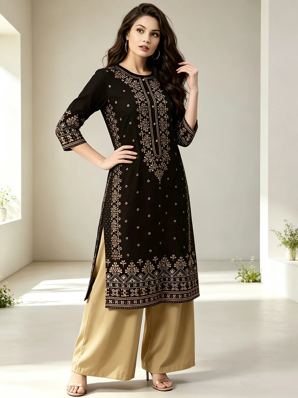 Women's Casual Ethnic Style Clothing Set round Neck Mid-Sleeved Dress Mid-Length Skirt Solid Color Elastic Waisted Pants