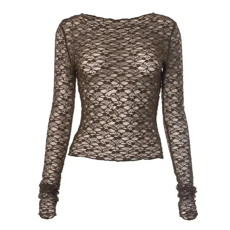 Women aesthetic clothes brown lace long sleeve crop top featuring a sheer dark brown lace material with a fitted silhouette and ruched cuffs.