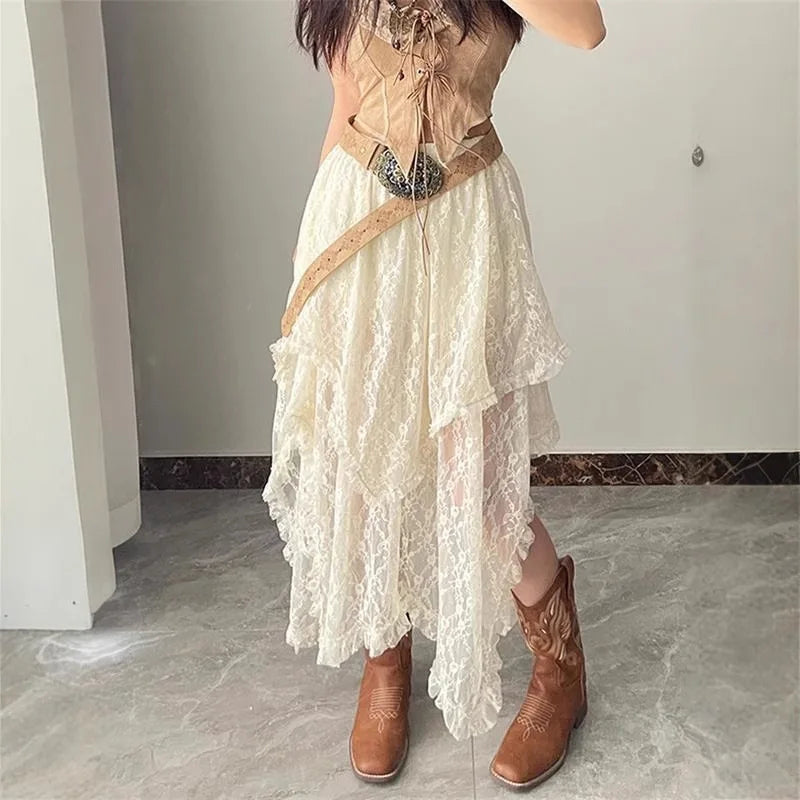 Ethnic Style Wavy Hem High Waist Lace Skirt Sweet Sister Stacked Holiday Style Dress