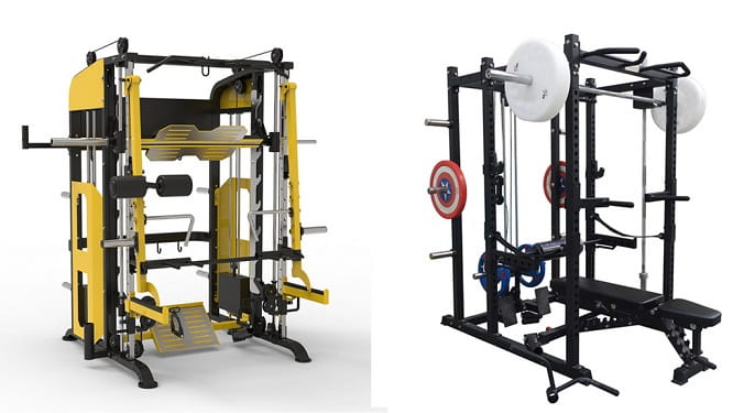 Yellow and black 3-station multi-function home gym equipment power rack with adjustable safety bars weight plates and multiple attachment points for strength training.