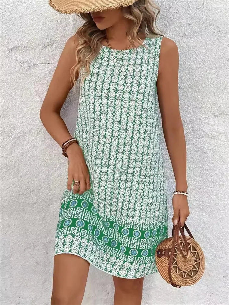 2025 Ethnic Style Women Vintage Pattern Flowers Print Dresses Summer Fashion Sleeveless Dress Casual Sundress Beach Loose Dress