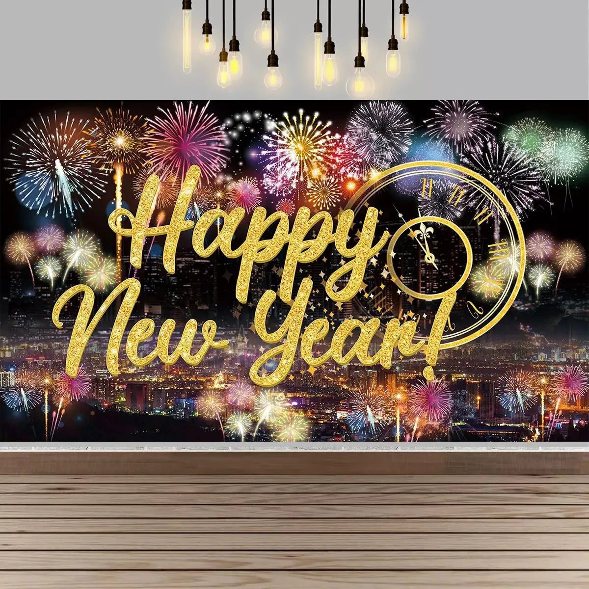 New year party photography backdrop featuring a gold glitter happy new year banner with clock and fireworks design.