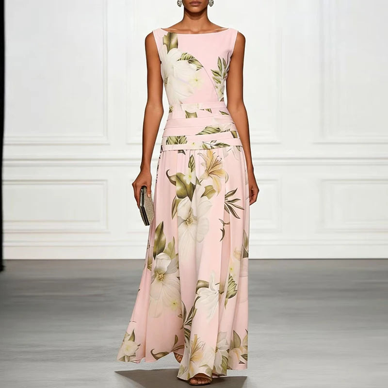 Casual Draped Swing Formal Party Dresses O-neck Sleeveless Elegant Holiday Dress Women Fashion Floral Print Slim Fit Long Dress