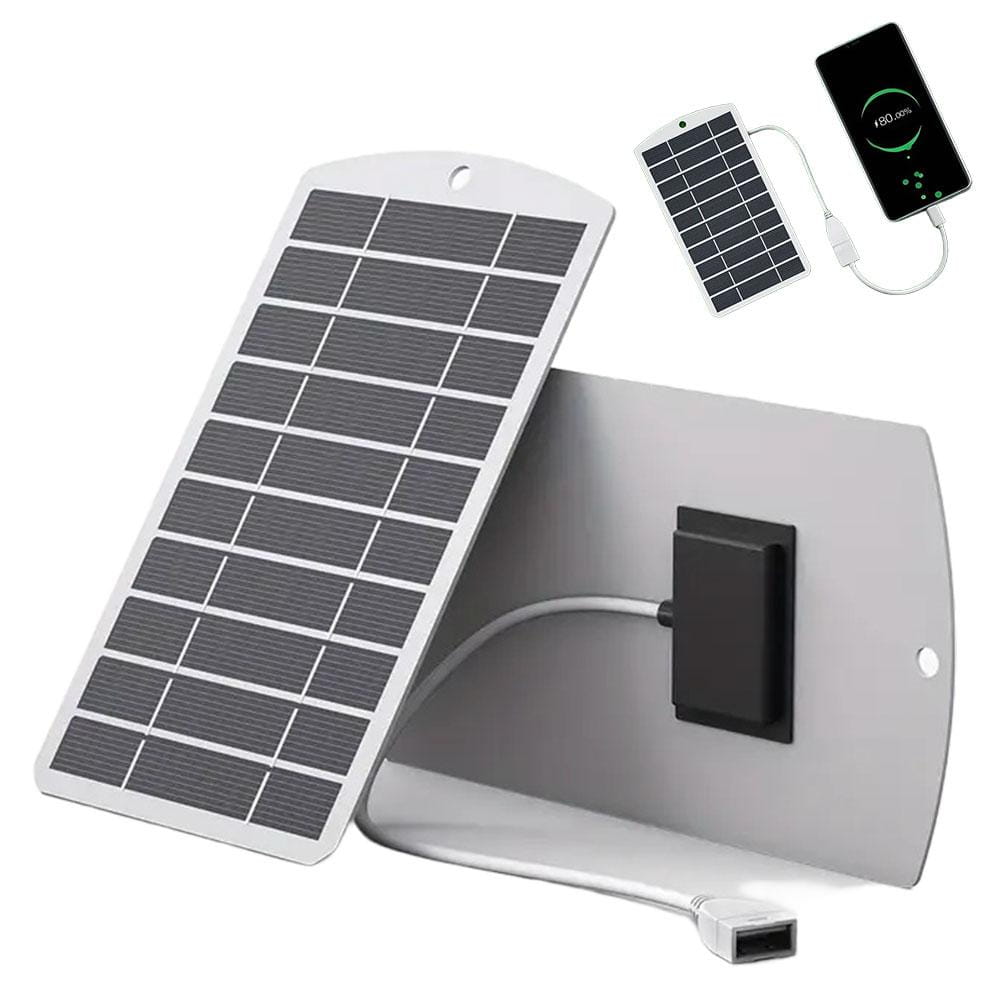 weißes faltbares Solarpanel-Ladegerät mit schwarzen Photovoltaikzellen und einem USB-Kabel zum Laden von Geräten im Freien, als tragbares 2W-Panel-Ladegerät.