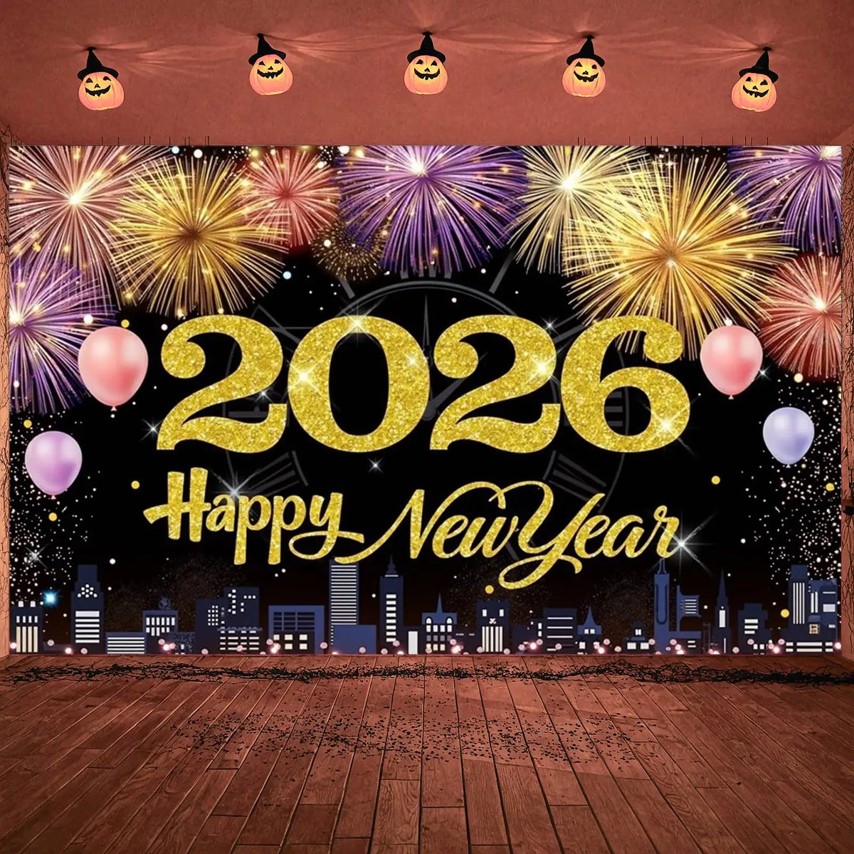 Happy New Year Banner Gift Champagne Clock 2026 New Year Party Decor Backdrop Christmas New Year Party Photo Background Supplies