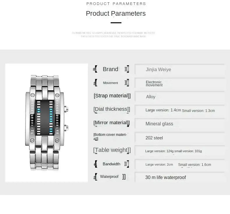 Silver-toned binary led stainless steel waterproof men watch with a sleek alloy band mineral glass face and electronic movement.