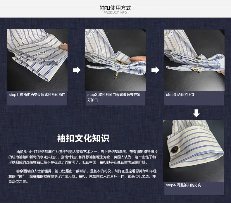une chemise habillée classique à col français à poignets boutonnés en fibre de bambou à rayures bleu et blanc pour homme, dotée d’un bouton circulaire noir et d’une fonctionnalité de broche de barre de col