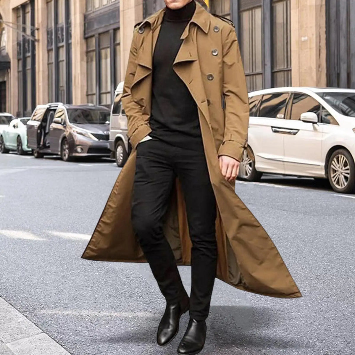 Formal Men'trench Coat Long Jacket Double Breasted Warm Slim Fit with Pockets Windproof Windbreaker for Dating Work Daily Wear