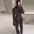 Women Chic Design Sense Plaid Shirt Fashion Casual Waist Cinched Slim Fit Long Sleeved Sexy Shirts  Autumn Stylish Women Tops