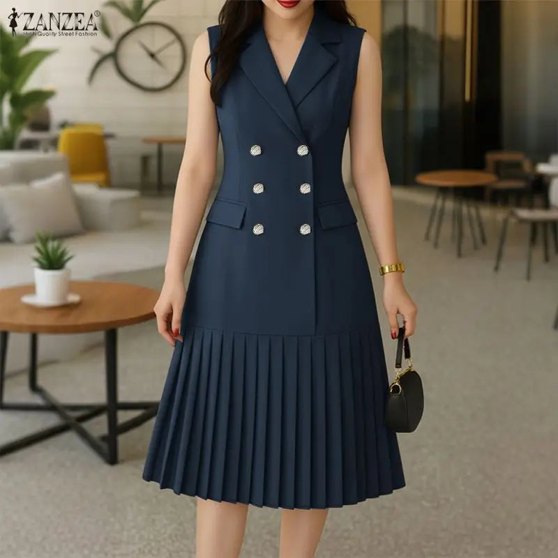 Women's Office Wear Pleated Midi Dresses Elegant Notched Lapel Double-Breasted Sleeveless Blazer Dress Summer Solid Robes Femme