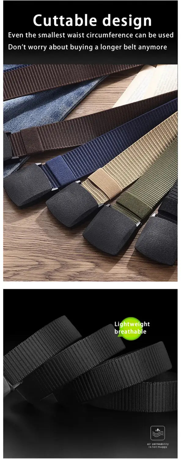 colección de cinturones tácticos de nailon con hebillas de plástico negro mate, en diseños ajustables y ligeros que incorporan los colores azul marino, marrón y verde oliva