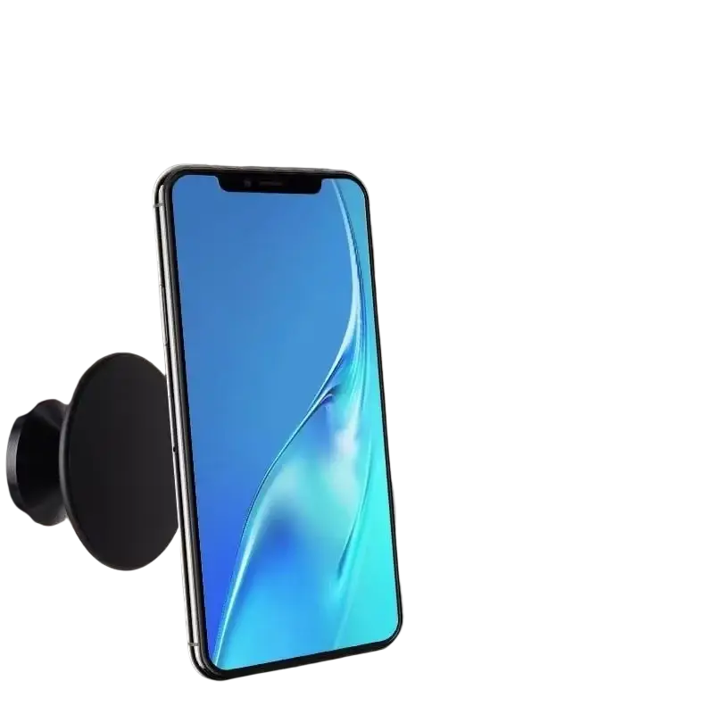 Black magnetic phone stand with metal plates securely gripping a smartphone for gyms and vehicle use
