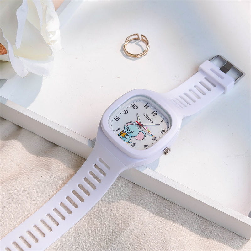 white silicone kids luminous cartoon elephant digital watch with square face and silver-toned accents