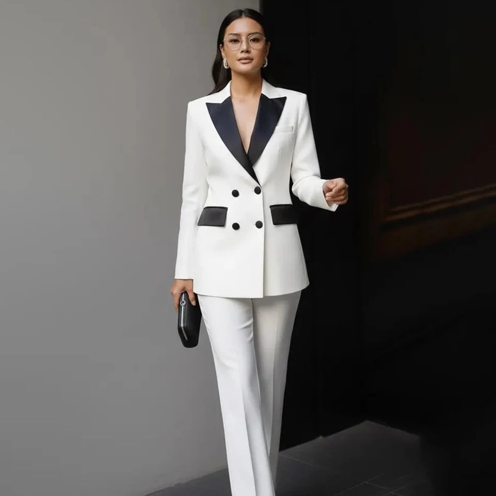 Formal Office Lady White Women's Suits 2 Piece High Quality Double Breasted Black Peak Lapel Blazer Office Work Outfits Costume