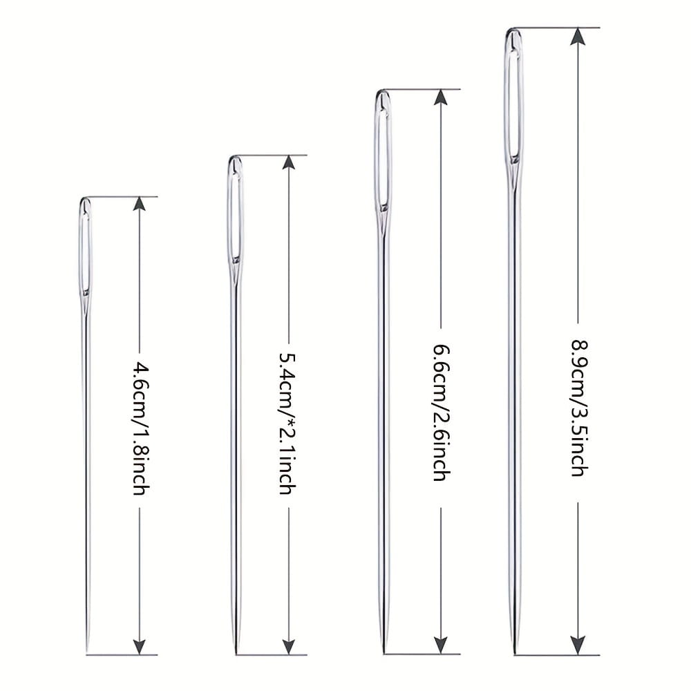 Set of four stainless steel large eye sewing needles in varying lengths with sleek metallic finish and pointed tips designed for elderly use.
