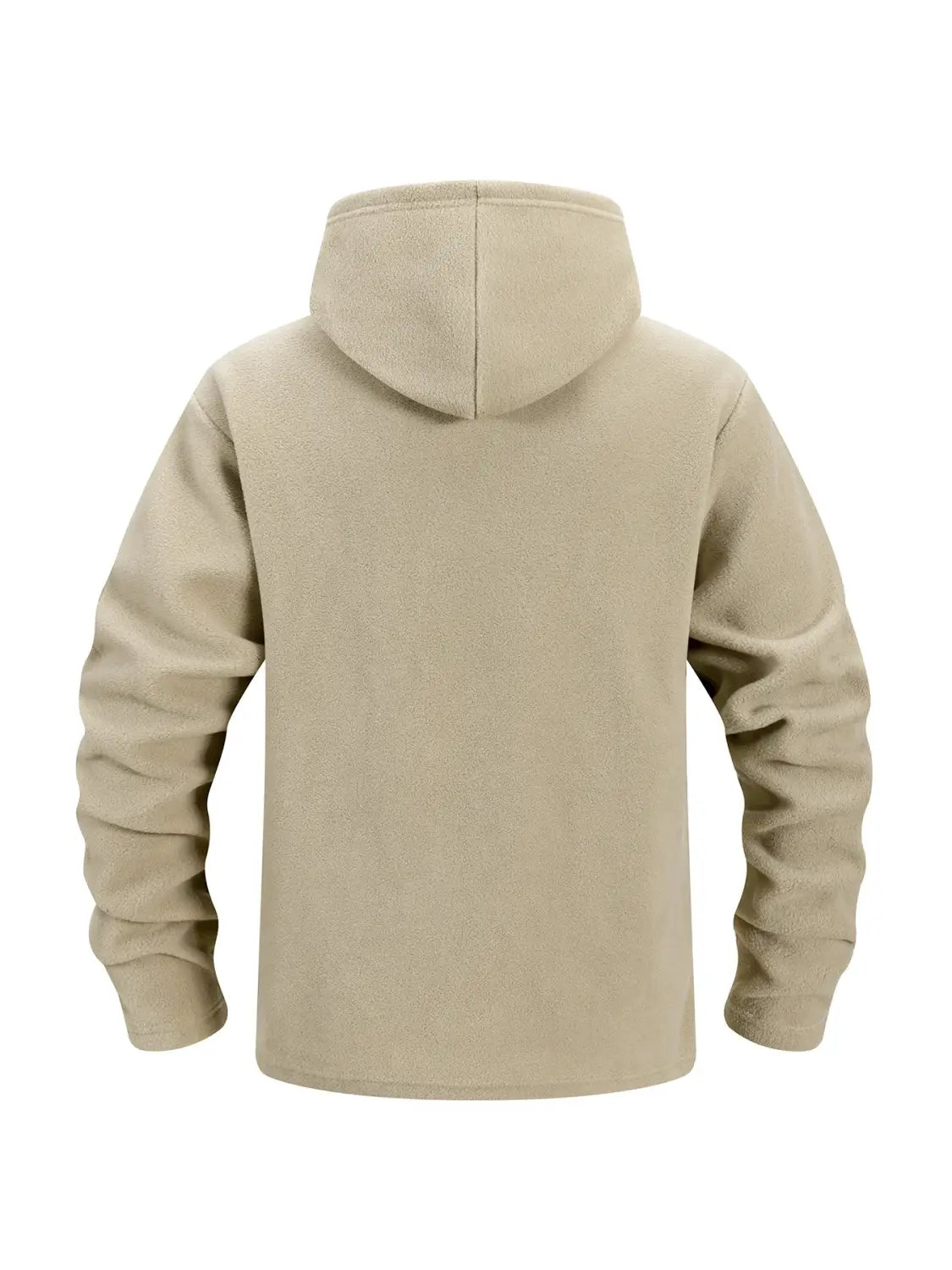 Chaqueta polar táctica beige para hombre, con cremallera completa y capucha, confeccionada con tejido suave de textura marcada y un diseño sencillo.