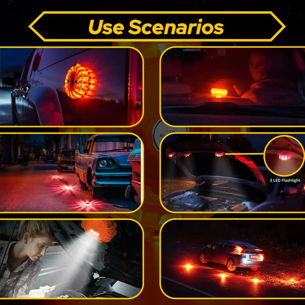 red led car light with circular segmented design and integrated three led flashlight for led road flare emergency safety beacon strobe light.