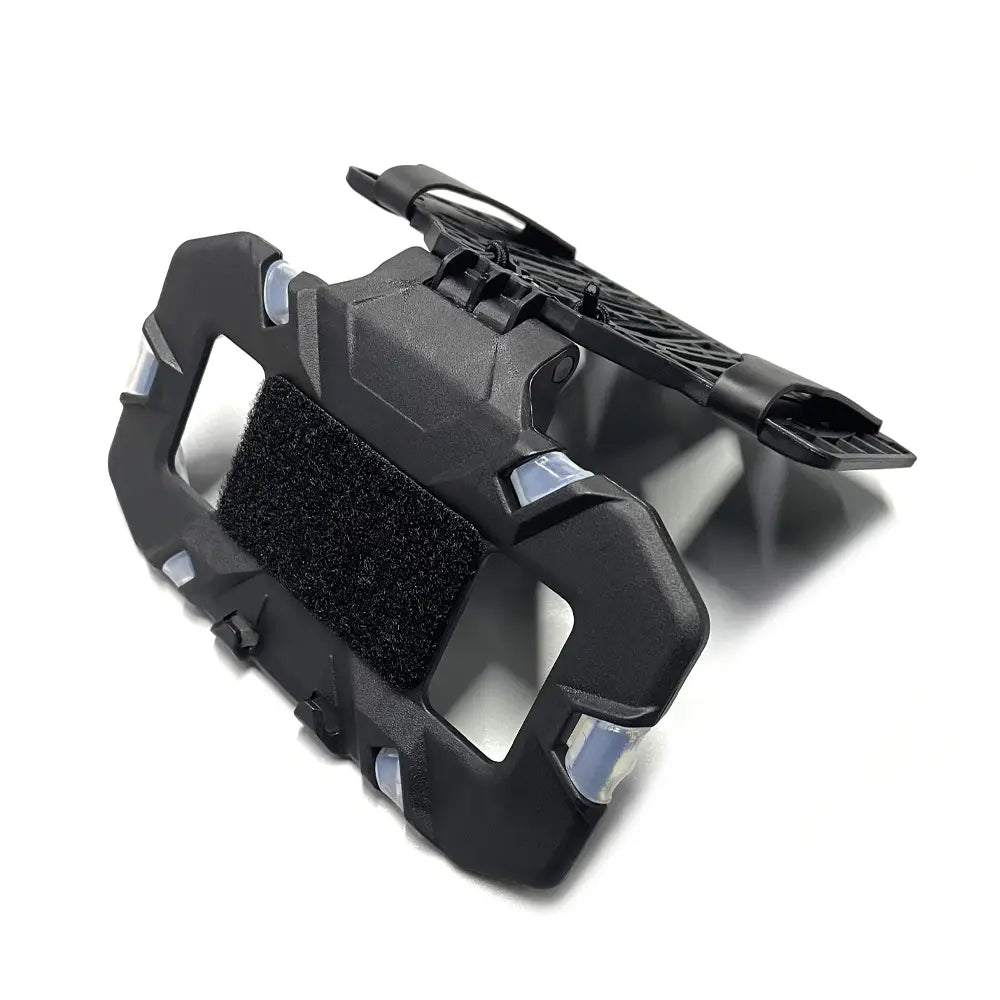 Black rugged phone case with textured grip and transparent accent panels shown from the back side designed for tactical molle phone navigation board use.