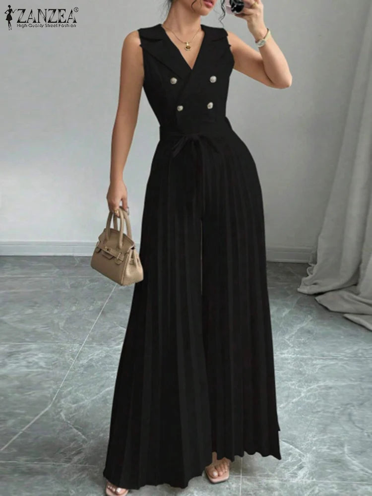 Fashion Women Jumpsuits 2026 ZANZEA Summer Rompers Elegant Wide Leg Work OL Overalls V Neck Sleeveless Pleated Playsuit Trousers