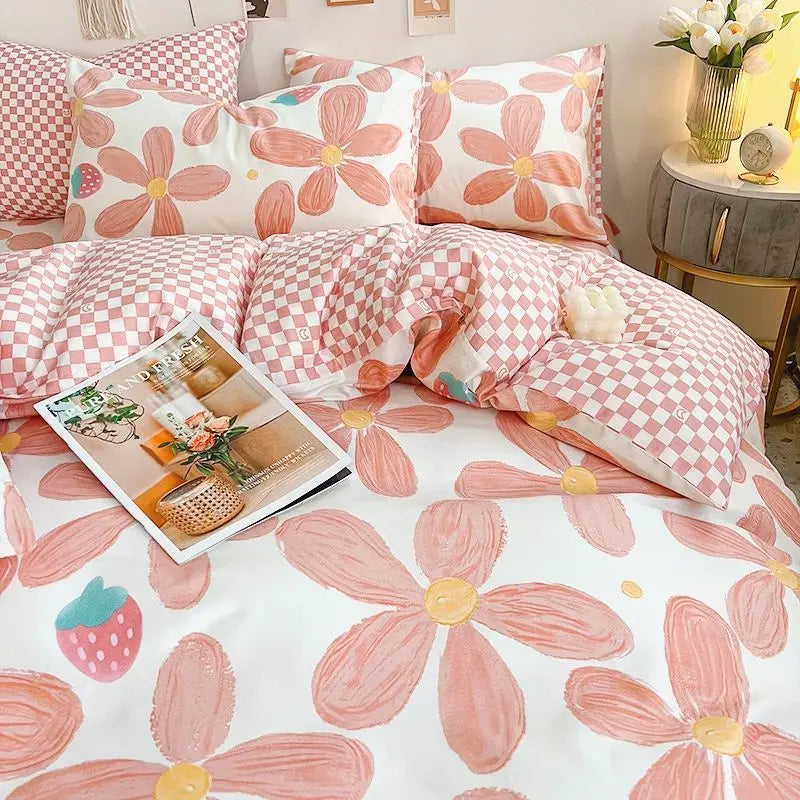 Ins Style Pink Flower Printed Bedding Set Soft Skin-friendly Duvet Cover Set Reactive Dyeing Bed Linens for Girls Bedroom