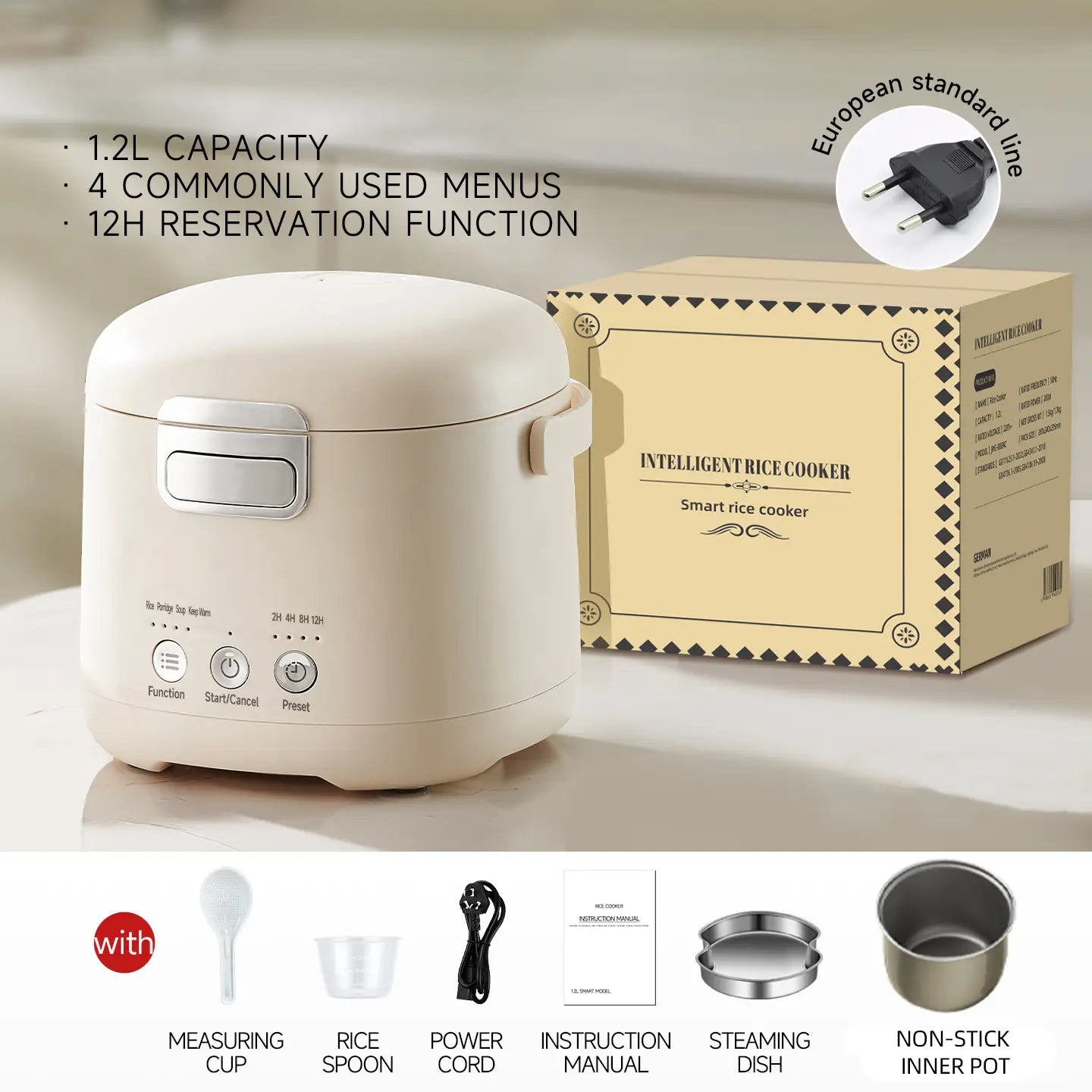 Zemkon 1,2-l Smart-Elektro-Reiskocher in Creme mit elegantem, abgerundetem Design und silbernem Bedienfeld für effizientes Garen.