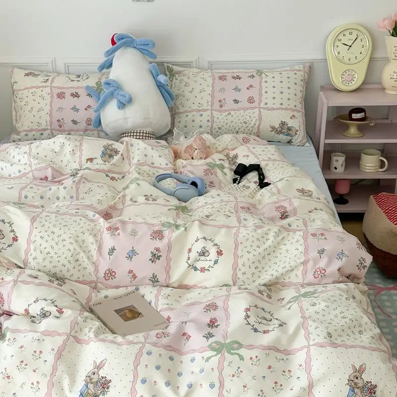 Ins Style Pink Flower Printed Bedding Set Soft Skin-friendly Duvet Cover Set Reactive Dyeing Bed Linens for Girls Bedroom