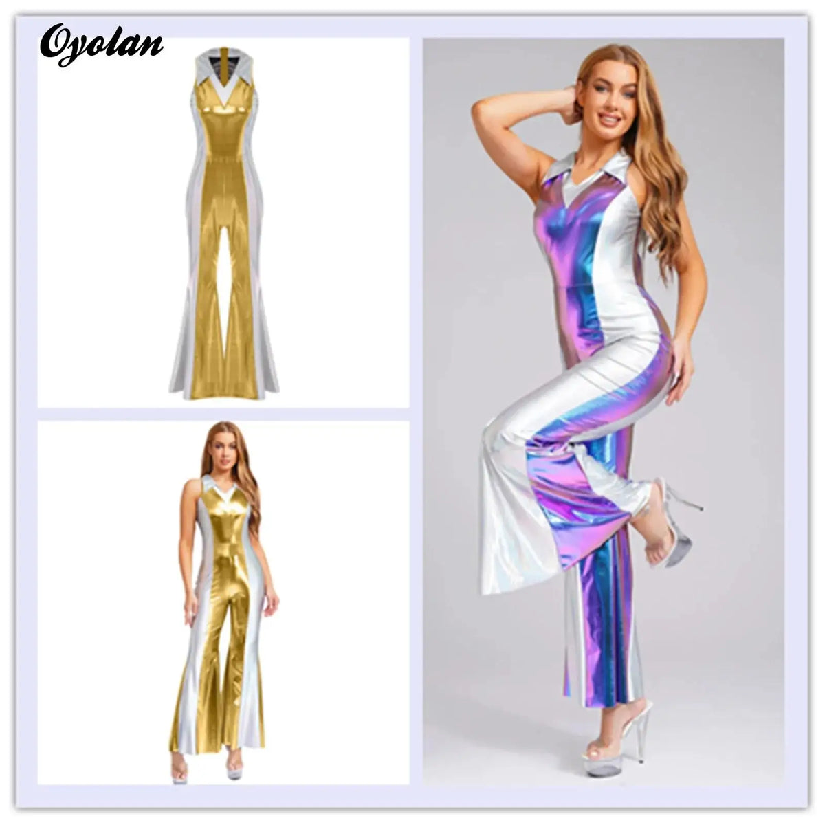 Womens Metallic Shiny 70s Disco Hippie Costume Clubwear Party Overalls Bell Bottom Jumpsuit V Neck Flared Long Pants Rompers