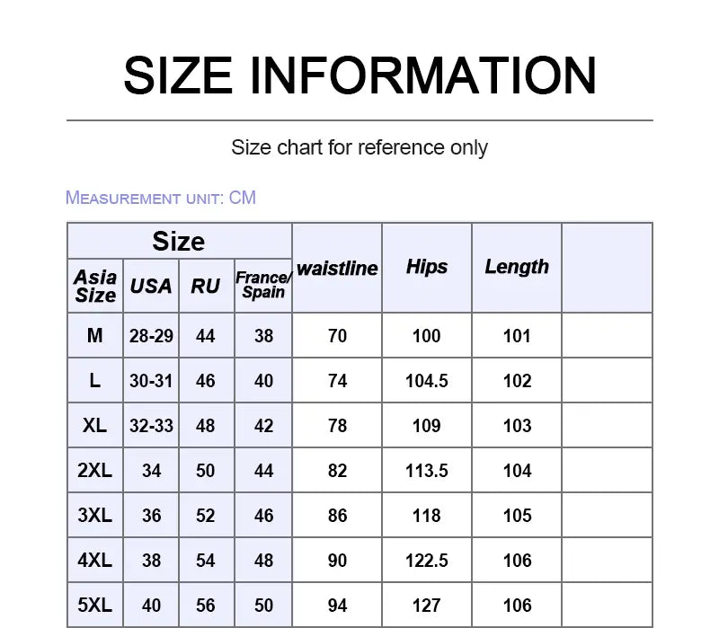 Size chart for reference only displaying measurements in centimeters across Asia size USA RU Russia and France Spain sizing categories for men’s lyocell casual loose straight drawstring pants.