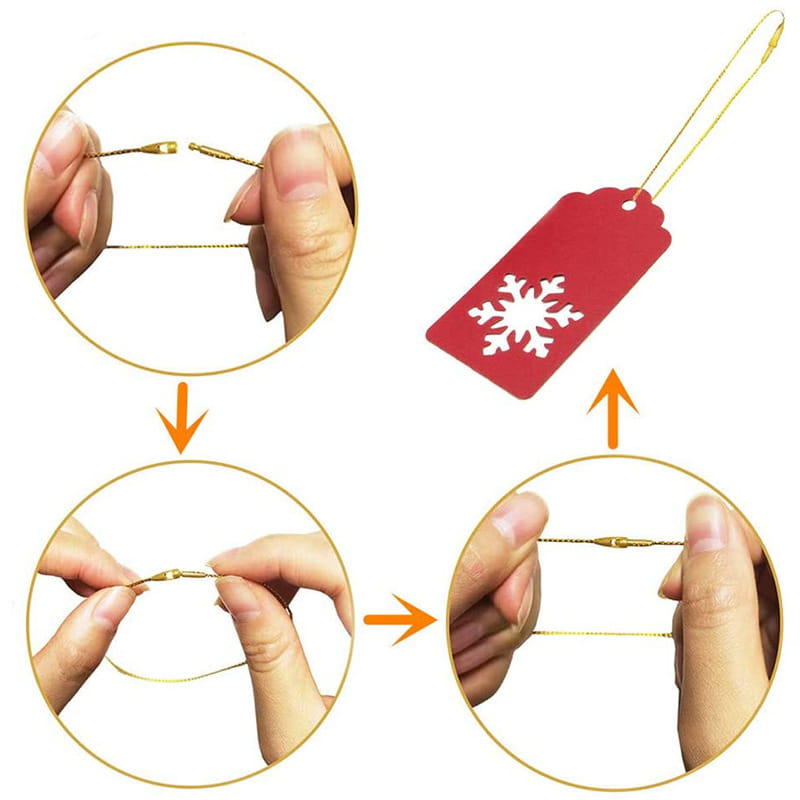 rote schneeflockenförmige metallische Aufhängeseile für Weihnachtsbaum-Ornamente mit einer goldfarbenen Öse.
