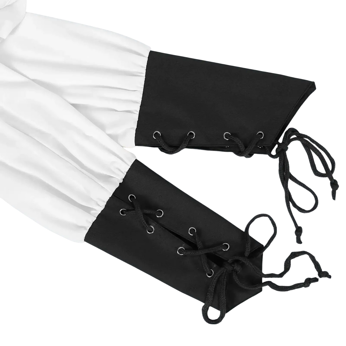 Black lace-up arm cuffs paired with white fabric sleeves shown in a front view for men’s pirate costume shirt