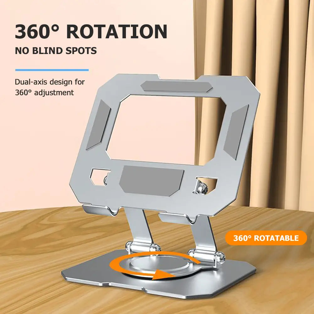 silver metallic rotatable tablet stand with a sleek angular design featuring dual-axis 360-degree rotation for a tablet stand adjustable and stand adjustable foldable use