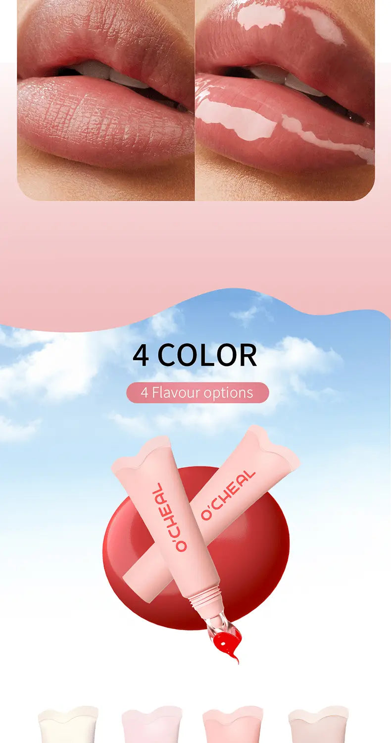 Pink ocheal hydrating fruit flavored glossy lip balm tubes with a glossy finish and red applicator tip displayed as lip gloss.