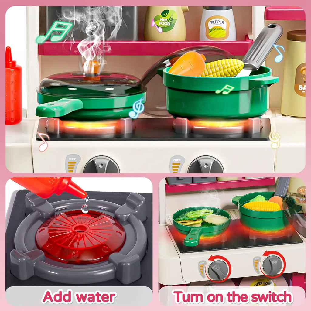 Simulated Kitchen Playset with Lights Sound Spray Steam, Kids Pretend Cooking Toy, Tableware Sink Set, Gift for Boys Girls