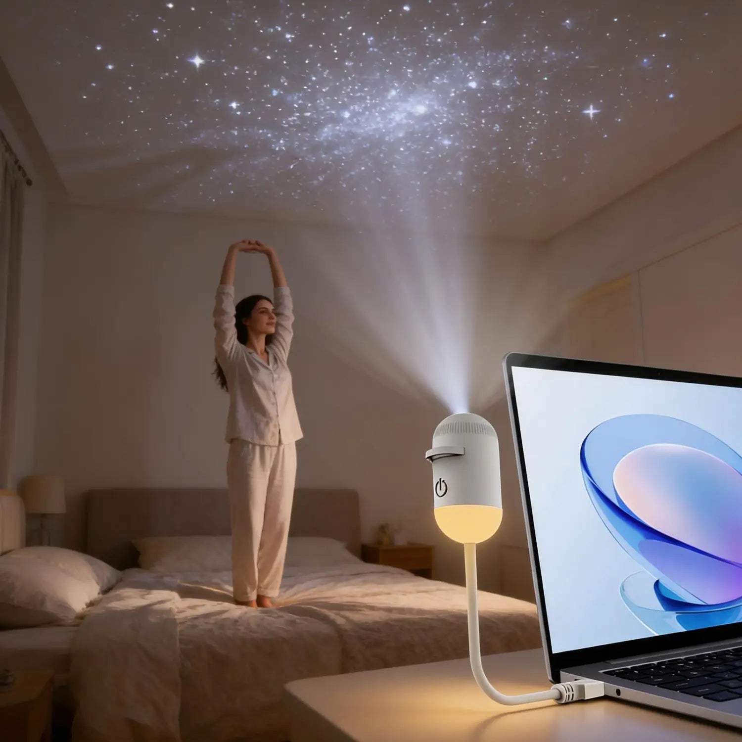 Weiße Stern-Galaxy-Projektor-Nachtlampe mit leuchtend gelber Basis und elegant geschwungener Standfläche, mit 24 Folien für eine eindrucksvolle nächtliche Atmosphäre