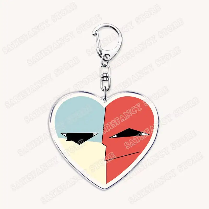Herzförmiger Acryl-Schlüsselanhänger mit zweigeteiltem Design in Hellblau, Rot und Creme, mit stilisierten schwarzen dreieckigen Augen, ideal als Anime-Herz-Acryl-Schlüsselanhänger – Geschenk für Gamer.
